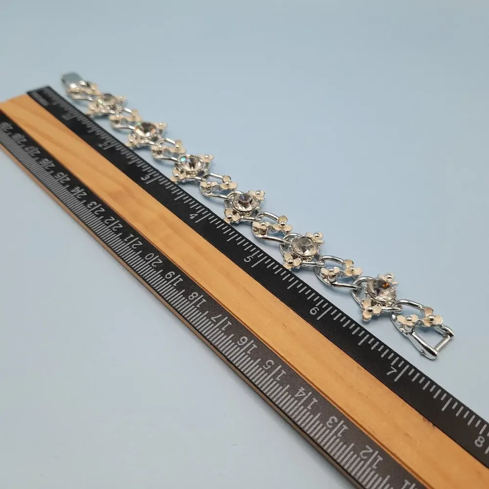 Vintage Creamy White Flower Bracelet, Clear Rhinestones, Mid-Century